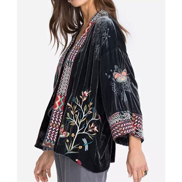 Johnny Was Gen Boho Velvet Floral Embroidered Kimono Jacket Cardi XS Fits S M L - Picture 5 of 10
